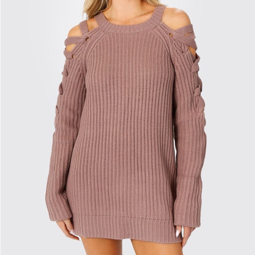 Tobi Miracle Lace Up Sweater Mini Dress Off-the-Shoulder in Mauve Size M